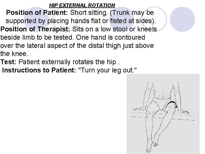 Hl. P EXTERNAL ROTATION Position of Patient: Short sitting. (Trunk may be supported by