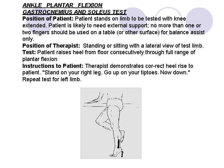 ANKLE PLANTAR FLEXION GASTROCNEMIUS AND SOLEUS TEST Position of Patient: Patient stands on limb