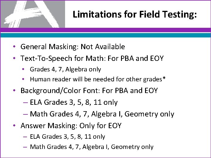 Limitations for Field Testing: • General Masking: Not Available • Text-To-Speech for Math: For