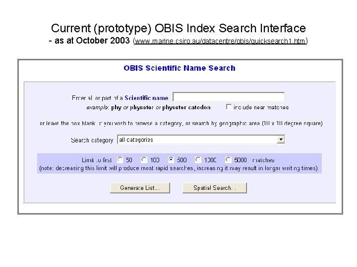 Current (prototype) OBIS Index Search Interface - as at October 2003 (www. marine. csiro.