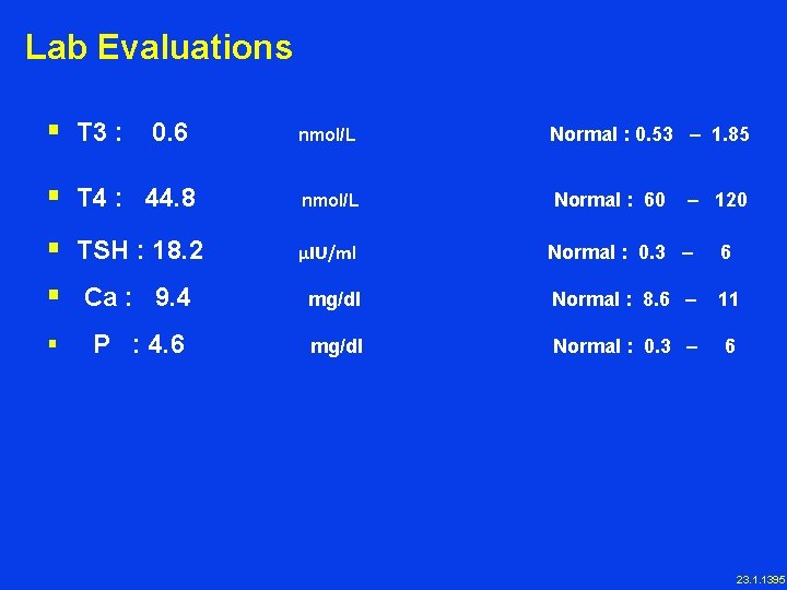 Lab Evaluations § T 3 : 0. 6 nmol/L Normal : 0. 53 –