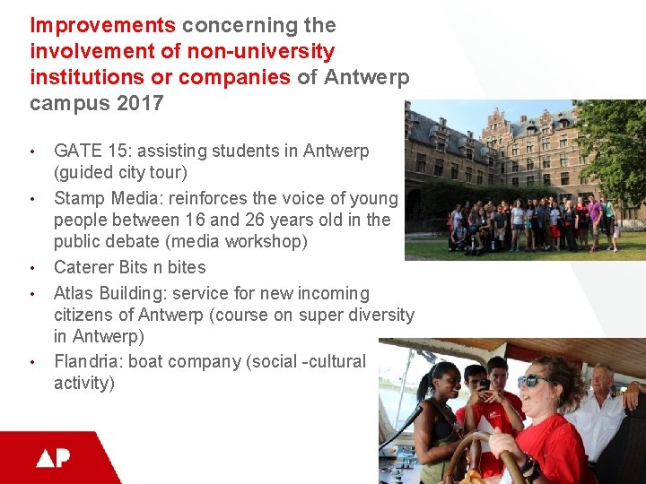 Improvements concerning the involvement of non-university institutions or companies of Antwerp campus 2017 •