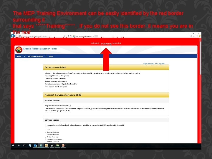 The MEP Training Environment can be easily identified by the red border surrounding it