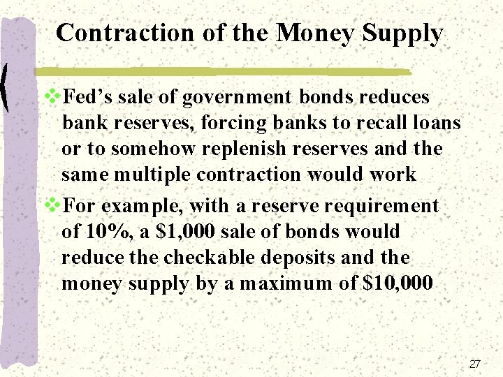 Contraction of the Money Supply v. Fed’s sale of government bonds reduces bank reserves,