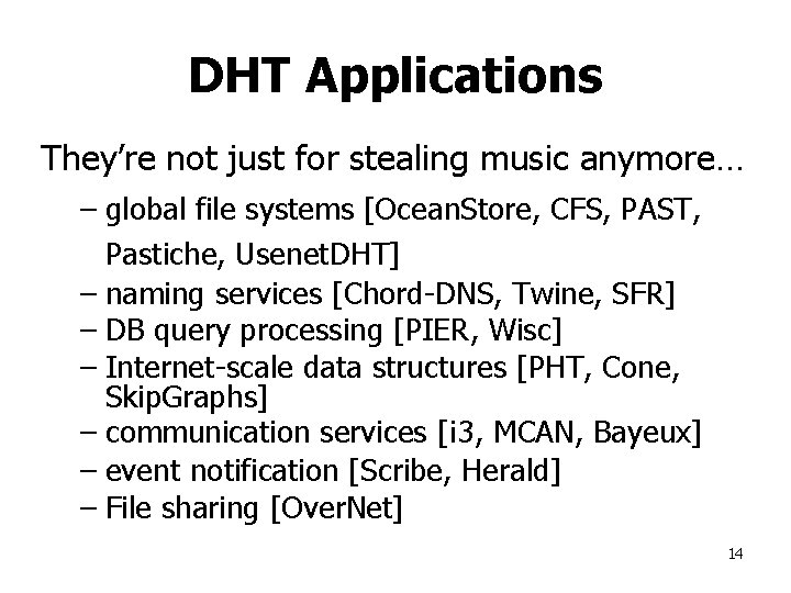 DHT Applications They’re not just for stealing music anymore… – global file systems [Ocean.