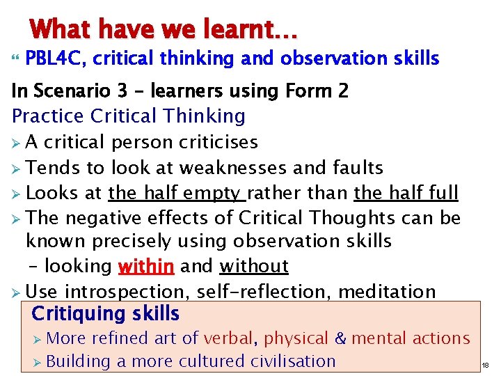 What have we learnt… PBL 4 C, critical thinking and observation skills In Scenario