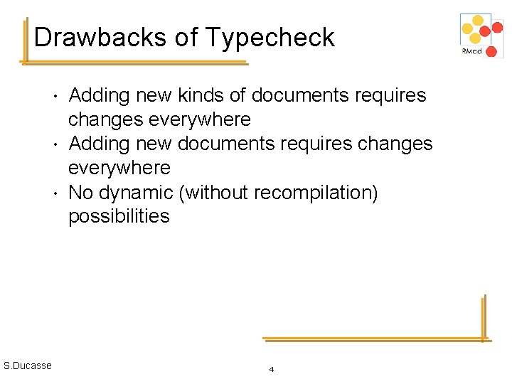 Drawbacks of Typecheck • • • S. Ducasse Adding new kinds of documents requires