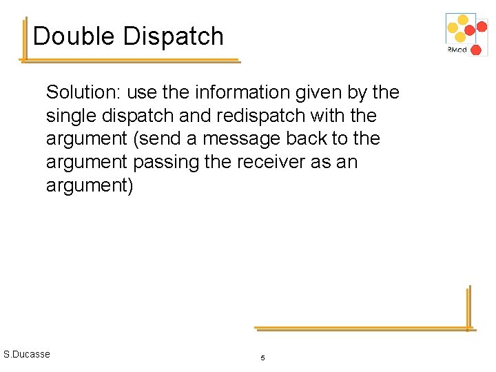 Double Dispatch Solution: use the information given by the single dispatch and redispatch with