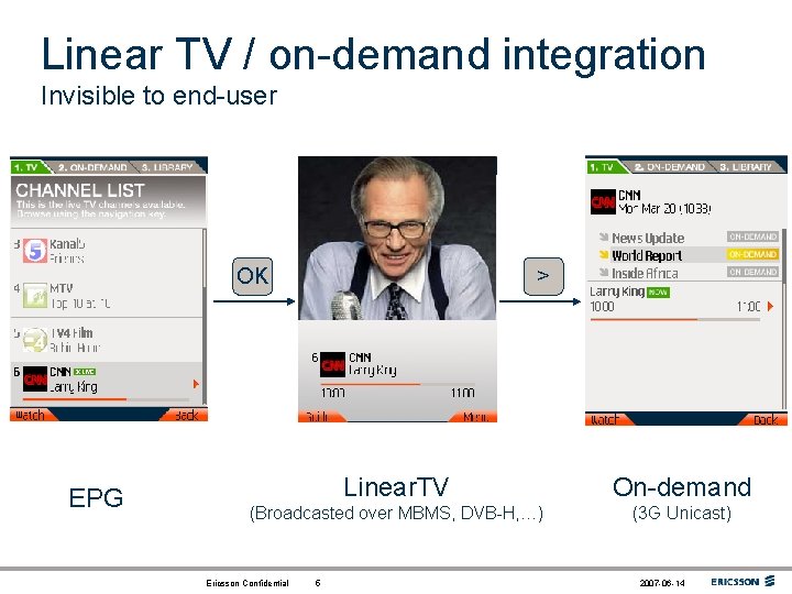 Linear TV / on-demand integration Invisible to end-user OK EPG > Linear. TV On-demand