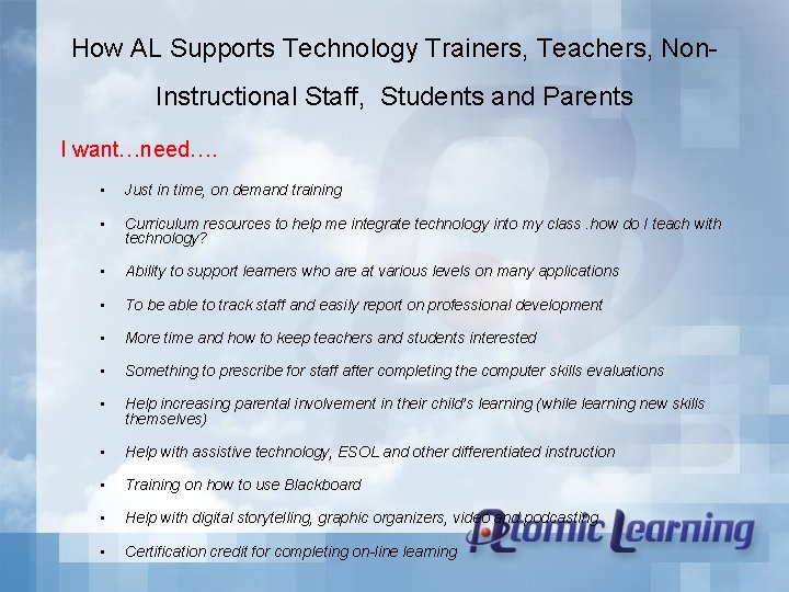 How AL Supports Technology Trainers, Teachers, Non. Instructional Staff, Students and Parents I want…need….