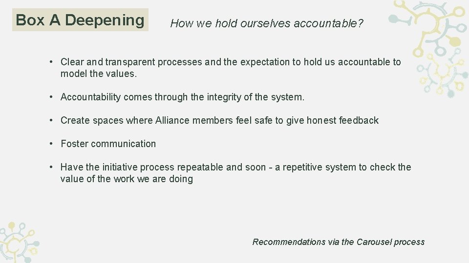 Box A Deepening How we hold ourselves accountable? • Clear and transparent processes and