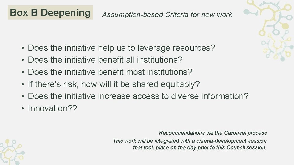 Box B Deepening • • • Assumption-based Criteria for new work Does the initiative