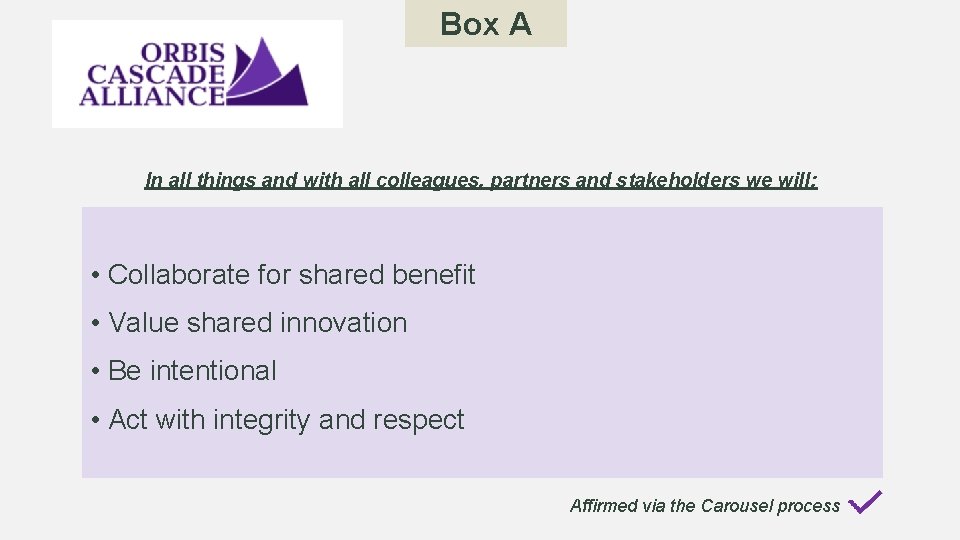 Box A In all things and with all colleagues, partners and stakeholders we will: