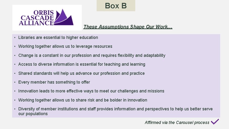 Box B These Assumptions Shape Our Work… • Libraries are essential to higher education