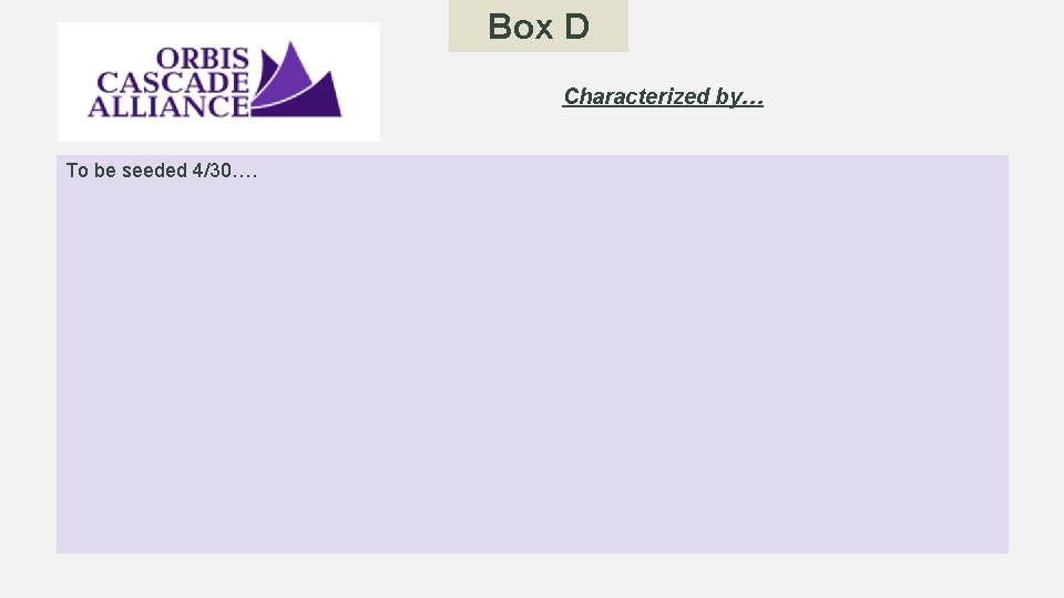 Box D Characterized by… To be seeded 4/30…. 