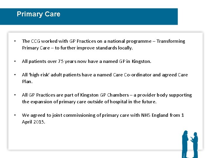 Primary Care • The CCG worked with GP Practices on a national programme –