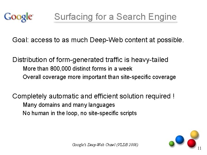 Surfacing for a Search Engine Goal: access to as much Deep-Web content at possible. Surfacing for a Search Engine Goal: access to as much Deep-Web content at possible.