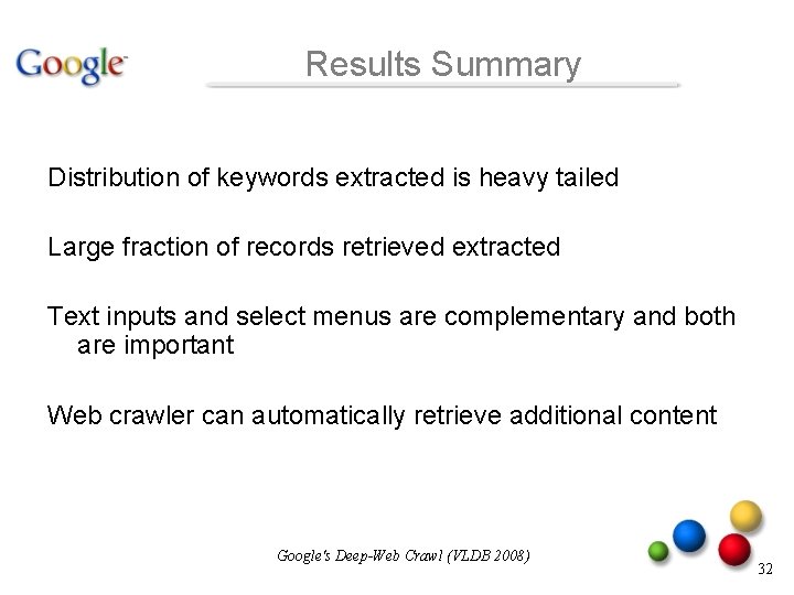 Results Summary Distribution of keywords extracted is heavy tailed Large fraction of records retrieved