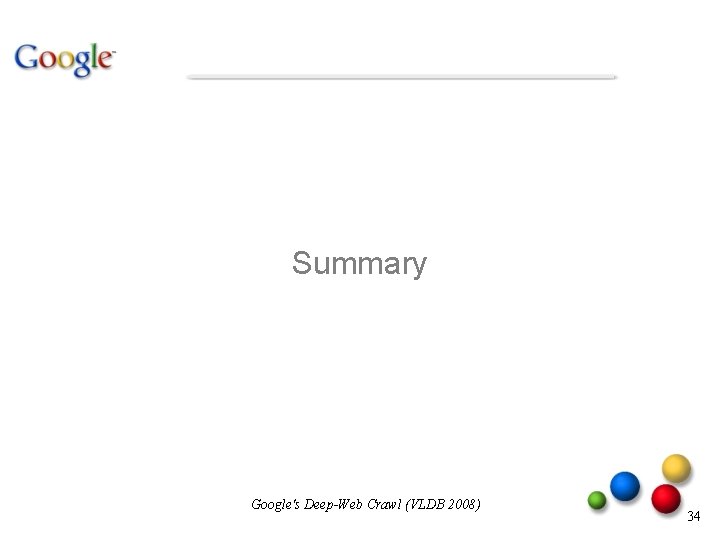 Summary Google's Deep-Web Crawl (VLDB 2008) 34 Summary Google's Deep-Web Crawl (VLDB 2008) 34
