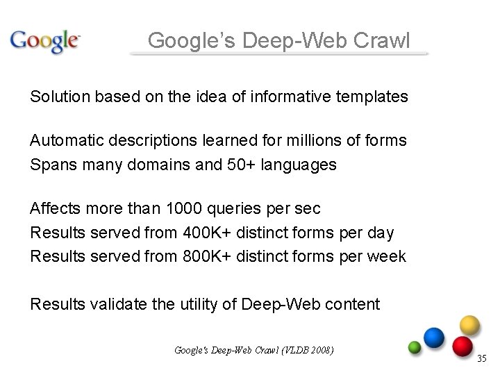Google’s Deep-Web Crawl Solution based on the idea of informative templates Automatic descriptions learned Google’s Deep-Web Crawl Solution based on the idea of informative templates Automatic descriptions learned