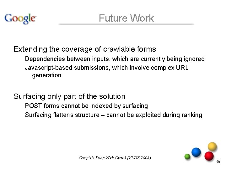 Future Work Extending the coverage of crawlable forms Dependencies between inputs, which are currently