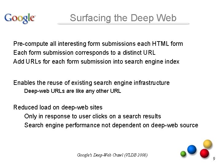 Surfacing the Deep Web Pre-compute all interesting form submissions each HTML form Each form Surfacing the Deep Web Pre-compute all interesting form submissions each HTML form Each form