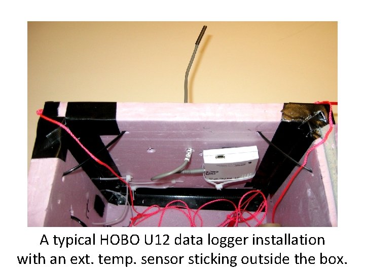 A typical HOBO U 12 data logger installation with an ext. temp. sensor sticking