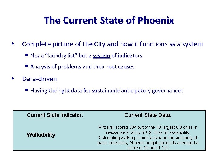 The Current State of Phoenix • Complete picture of the City and how it