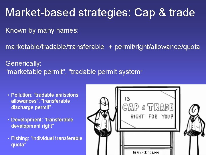 Market-based strategies: Cap & trade Known by many names: marketable/tradable/transferable + permit/right/allowance/quota Generically: “marketable
