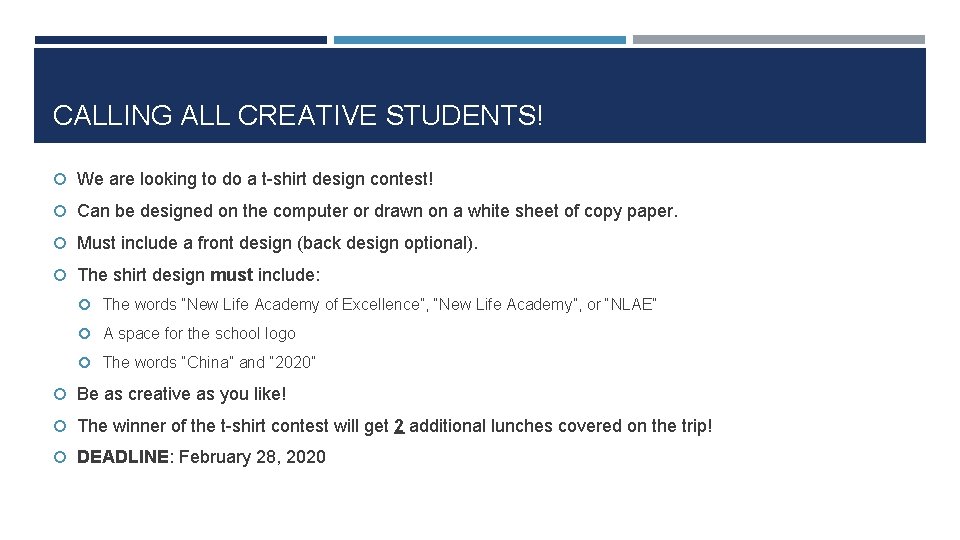 CALLING ALL CREATIVE STUDENTS! We are looking to do a t-shirt design contest! Can