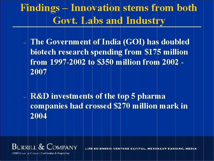 Findings – Innovation stems from both Govt. Labs and Industry – – The Government