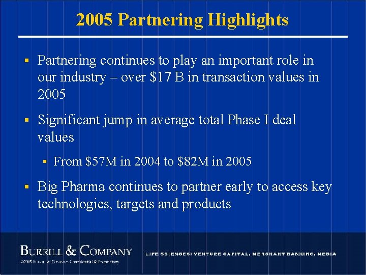 2005 Partnering Highlights § Partnering continues to play an important role in our industry