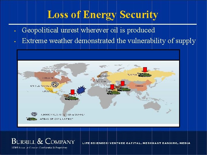 Loss of Energy Security • • Geopolitical unrest wherever oil is produced Extreme weather
