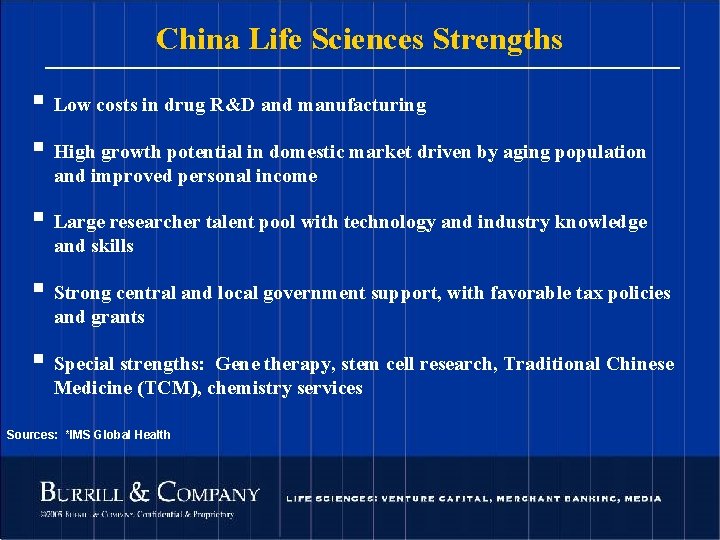 China Life Sciences Strengths § Low costs in drug R&D and manufacturing § High