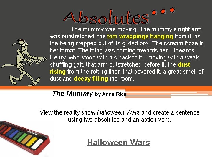 The mummy was moving. The mummy’s right arm was outstretched, the torn wrappings hanging