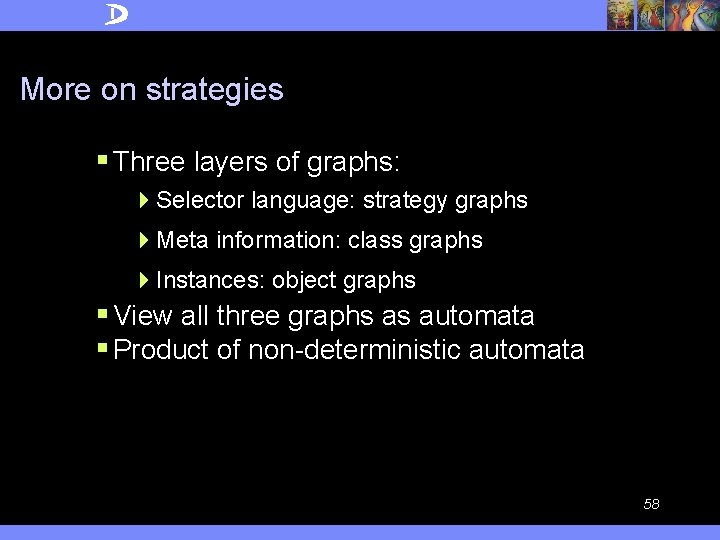 More on strategies § Three layers of graphs: 4 Selector language: strategy graphs 4
