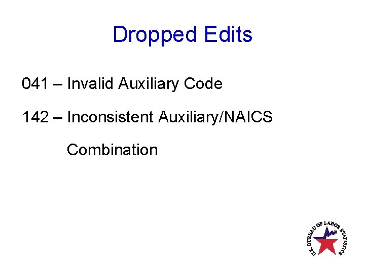 Dropped Edits 041 – Invalid Auxiliary Code 142 – Inconsistent Auxiliary/NAICS Combination 