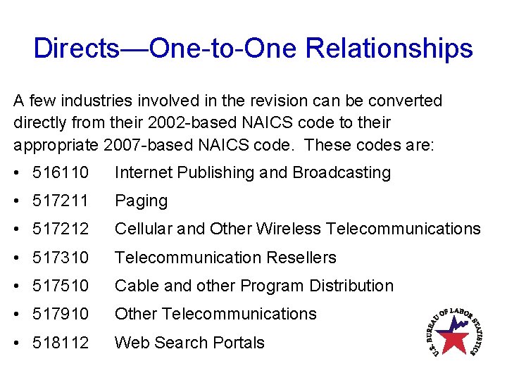 Directs—One-to-One Relationships A few industries involved in the revision can be converted directly from