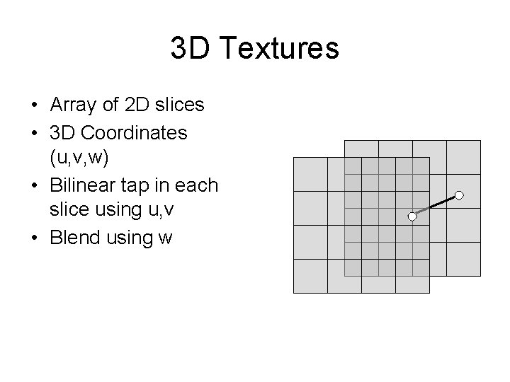 3 D Textures • Array of 2 D slices • 3 D Coordinates (u,