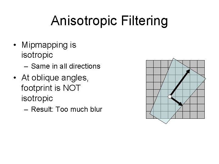 Anisotropic Filtering • Mipmapping is isotropic – Same in all directions • At oblique