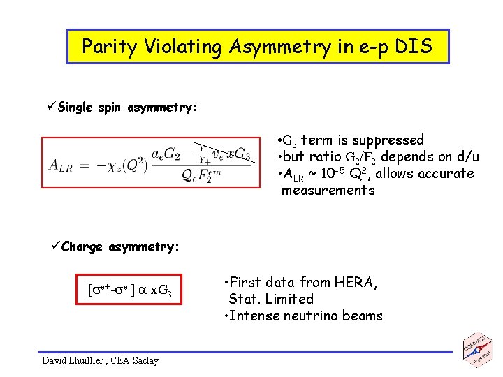 Parity Violating Asymmetry in e-p DIS üSingle spin asymmetry: • G 3 term is