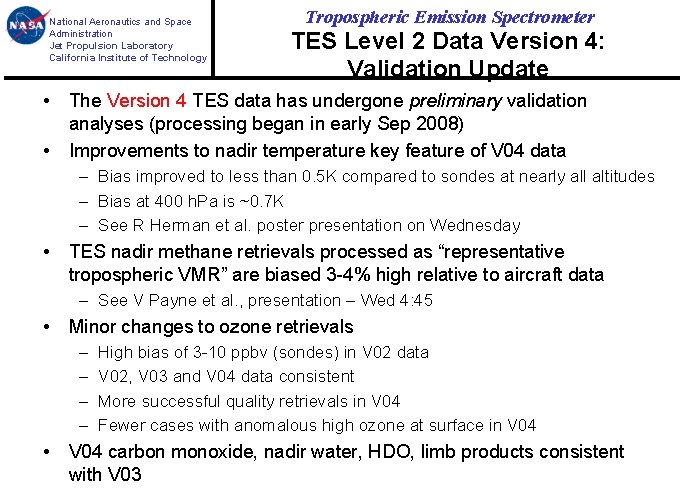 National Aeronautics and Space Administration Jet Propulsion Laboratory California Institute of Technology Tropospheric Emission