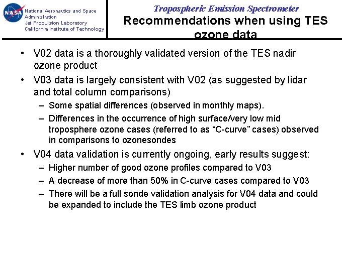 National Aeronautics and Space Administration Jet Propulsion Laboratory California Institute of Technology Tropospheric Emission