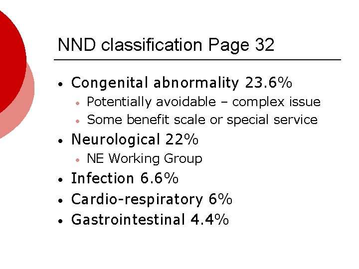 NND classification Page 32 • Congenital abnormality 23. 6% • • • Neurological 22%