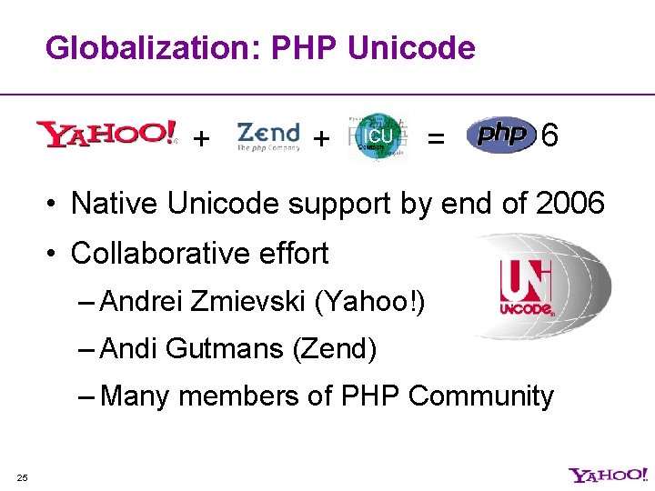 Globalization: PHP Unicode + + ICU = 6 • Native Unicode support by end