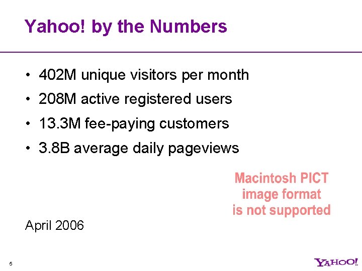 Yahoo! by the Numbers • 402 M unique visitors per month • 208 M