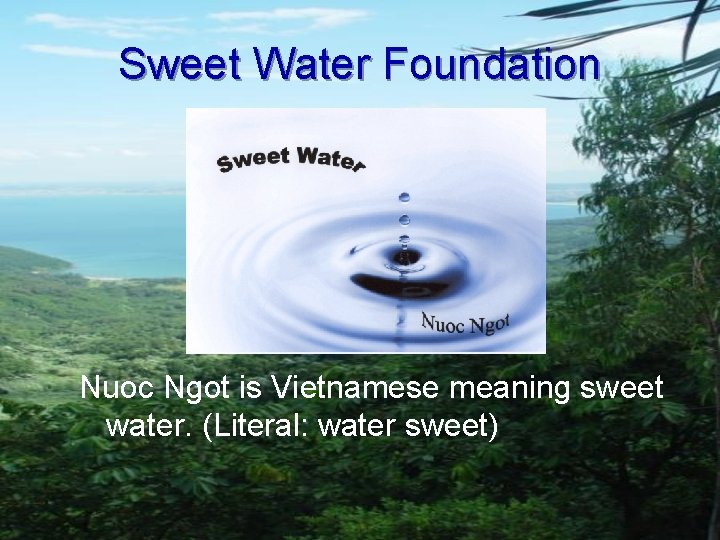 Sweet Water Foundation Nuoc Ngot is Vietnamese meaning sweet water. (Literal: water sweet) 