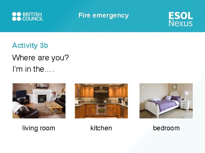 Fire emergency Activity 3 b Where are you? I’m in the…. living room kitchen