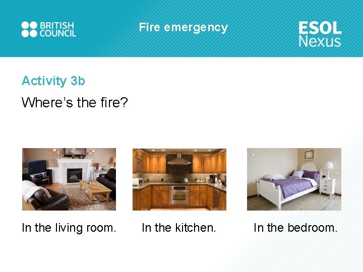 Fire emergency Activity 3 b Where’s the fire? In the living room. In the