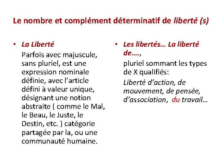 Le nombre et complément déterminatif de liberté (s) • La Liberté Parfois avec majuscule,